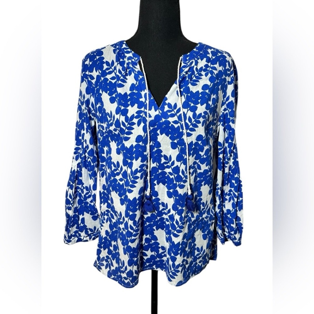 Boden Blue White Leaf Print Cotton Tassel Tie Neck Blouse Top US 4 UK 8 W0096